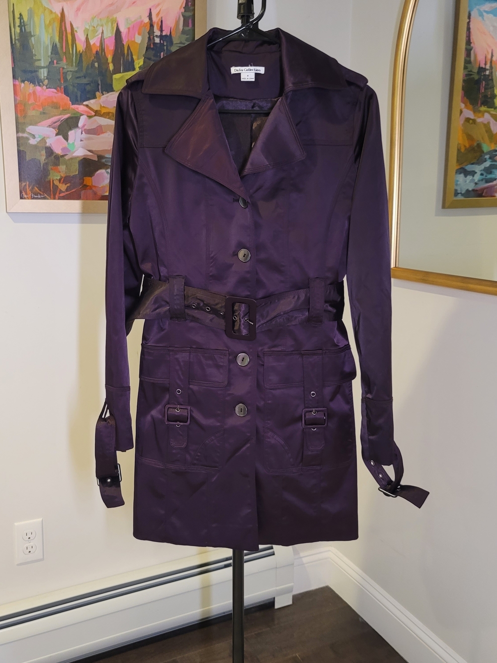 EUC DALIA COLLECTION Belted Trench Coat Eggplant Structured Women's Size 4